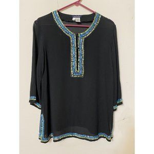 BOSTON PROPER BLACK TUNIC BOHO HIP MOD COCKTAIL BUSINESS DATE SEQUINS & BEADS S